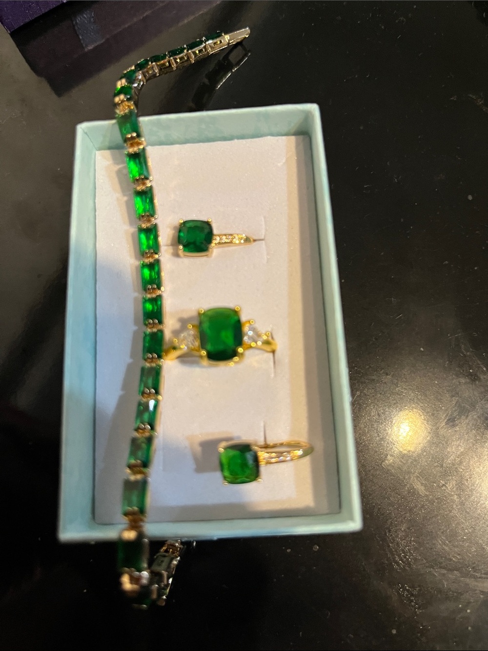 4 piece set 14k gold plated Green Crystal Ring and Bracelet and EarringSet -